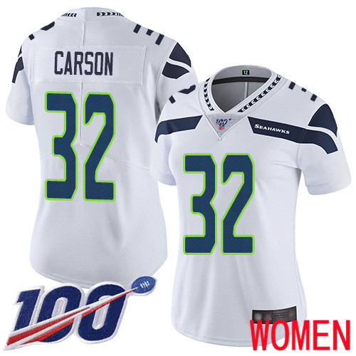 Seattle Seahawks Limited White Women Chris Carson Road Jersey NFL Football #32 100th Season Vapor Untouchable->women nfl jersey->Women Jersey